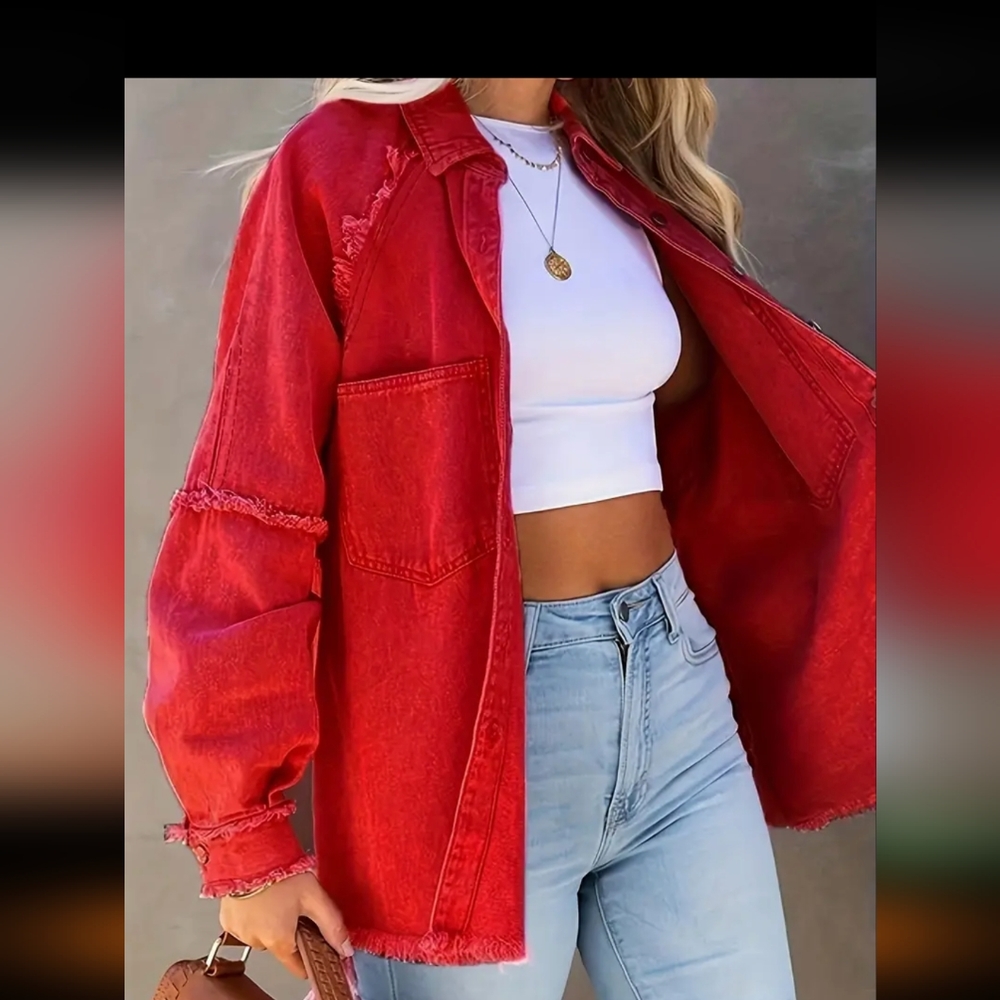 Women's Frayed Hem denim Jacket/ Red - Picture 4 of 4